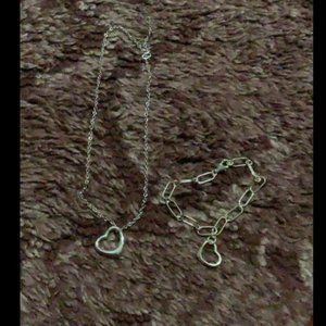 Silvertone Metal Heart Necklace & Bracelet Set